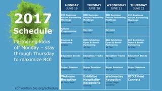 MONDAY
JUNE 19
TUESDAY
JUNE 20
WEDNESDAY
JUNE 21
THURSDAY
JUNE 22
BIO Business
Forum Partnering
Meetings
Afternoon
BIO Business
Forum Partnering
Meetings
All Day
BIO Business
Forum Partnering
Meetings
All Day
BIO Business
Forum Partnering
Meetings
All Day
Special
Programming
Afternoon
Keynote
Morning
Keynote
Morning
Courses &
Bootcamp
All Day
BIO Exhibition
Open & Booth
Partnering
All Day
BIO Exhibition
Open & Booth
Partnering
All Day
BIO Exhibition
Open & Booth
Partnering
All Day
Education Tracks
Afternoon
Education Tracks
All Day
Education Tracks
All Day
Education Tracks
All Day
Super Session
Afternoon
Super Sessions
Mid-Day
Super Sessions
Mid-Day
Super Sessions
Mid-Day
Welcome
Reception
at Petco Park
Exhibitor
Hospitality
Receptions
Evening
Wednesday
Reception
in San Diego
Gaslamp
BIO Talent
Connect
Partnering kicks
off Monday – stay
through Thursday
to maximize ROI
convention.bio.org/schedule
2017
Schedule
 