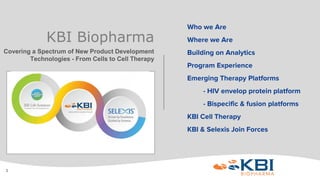 1
Who we Are
Where we Are
Building on Analytics
Program Experience
Emerging Therapy Platforms
- HIV envelop protein platform
- Bispecific & fusion platforms
KBI Cell Therapy
KBI & Selexis Join Forces
KBI Biopharma
Covering a Spectrum of New Product Development
Technologies - From Cells to Cell Therapy
 