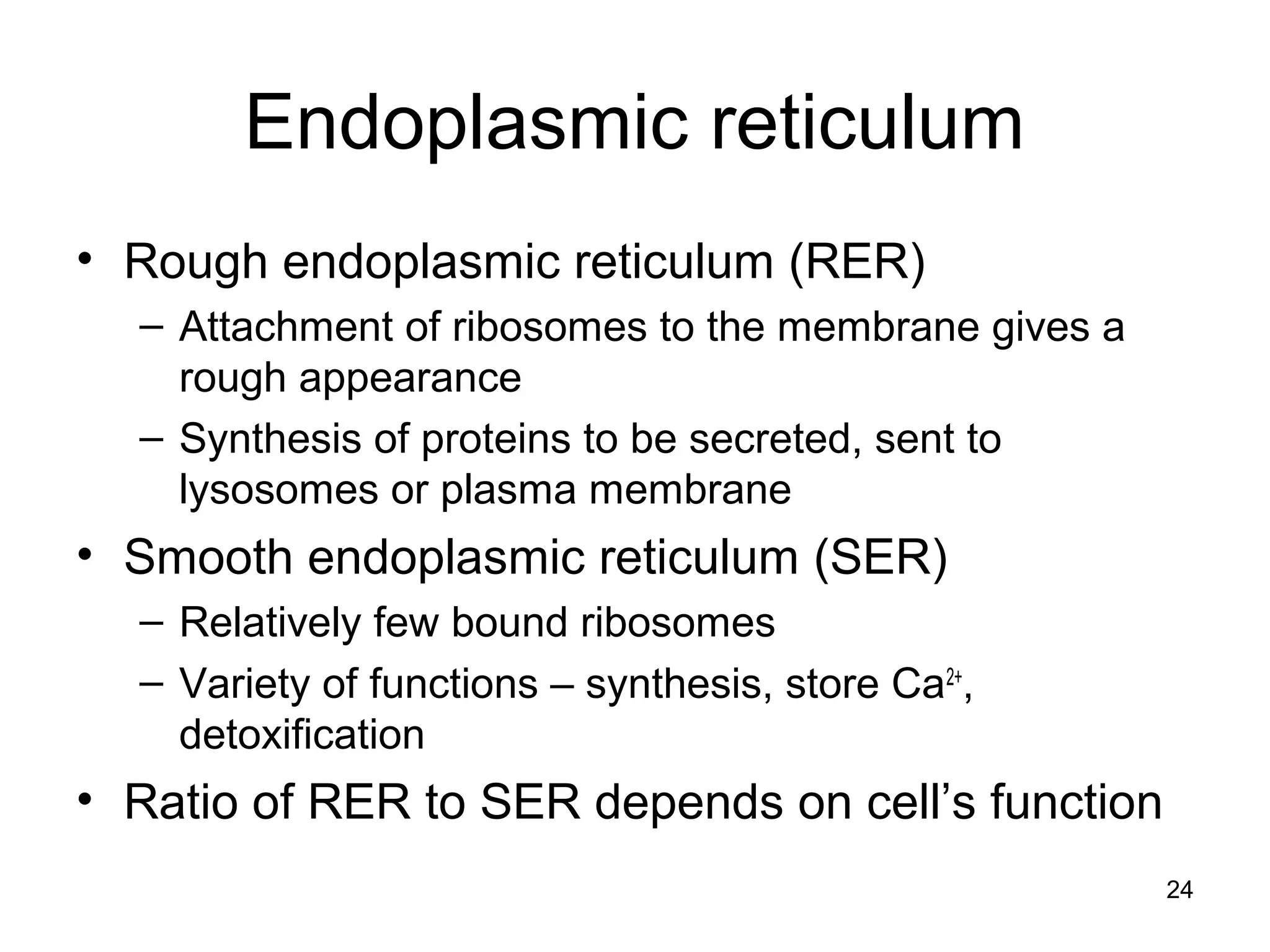 24
Endoplasmic reticulum
• Rough endoplasmic reticulum (RER)
– Attachment of ribosomes to the membrane gives a
rough appearance
– Synthesis of proteins to be secreted, sent to
lysosomes or plasma membrane
• Smooth endoplasmic reticulum (SER)
– Relatively few bound ribosomes
– Variety of functions – synthesis, store Ca2+
,
detoxification
• Ratio of RER to SER depends on cell’s function
 