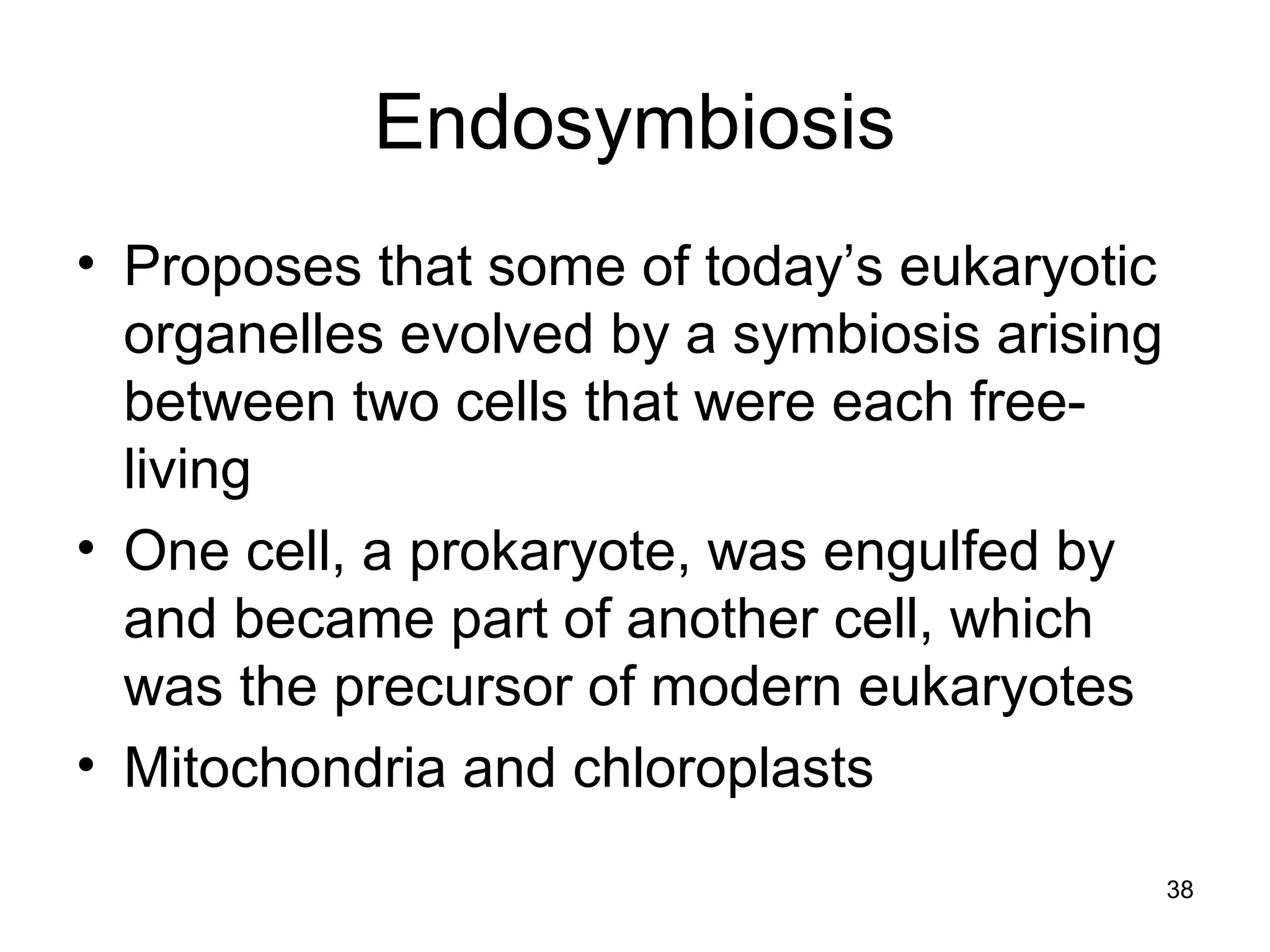 38
Endosymbiosis
• Proposes that some of today’s eukaryotic
organelles evolved by a symbiosis arising
between two cells that were each free-
living
• One cell, a prokaryote, was engulfed by
and became part of another cell, which
was the precursor of modern eukaryotes
• Mitochondria and chloroplasts
 