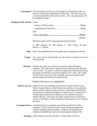Assessments: The assessments for the class will include five closed book exams as
well as a closed book comprehensive final exam. The final exam will
cover the material from the entire semester. Also, lab assignments will
be completed weekly.
Grading (credit) criteria: Exams:
5 exams at 100 pts. apiece……..……………………………..500 pts.
1 comprehensive final exam………………………………….200 pts.
Labs
20 at 15 pts. apiece………………………………...………...300 pts.
1,000 pts.
The letter grades will be assigned using the points below.
A = 900 – 1000 pts. B = 800 – 899 pts. C = 700 – 799 pts. D = 600 –
699 pts. F ≤ 599 pts.
Labs:
Exams:
Labs will be graded based on the quality and completeness of the lab.
The exams will be closed book and will consist of material covered in
lecture and lab.
Absences: Students may miss one exam for any reason (no documentation
required). The exam must be made up by the following class period to
receive credit. If a student is absent for additional exams documentation
providing an explanation must be provided (ie. Dr’s note). The student
will not receive any extra credit available on the exam and the exam
must be made up before the next class period.
Student Resources (as applicable)
Library services: Library services are available at the Prescott Campus and the Verde
Valley Campus libraries. Both libraries are members of a countywide
library network, which provides access to a wide-range of information
and resources at libraries throughout Yavapai County. Possession of a
College library card entitles students to access materials housed at
member libraries. Instructors may place required course materials on
reserve in the library or make assignments that require the use of library
resources.
Learning Centers: A Learning Center is available on the Prescott and Verde Valley
Campuses. These centers provide a variety of learning support for
students including tutoring, adaptive computer and equipment for
students with disabilities, and a networked general computer lab.
Tutoring: Call for details: Prescott 776-2085 or Verde Valley 634-6562
 