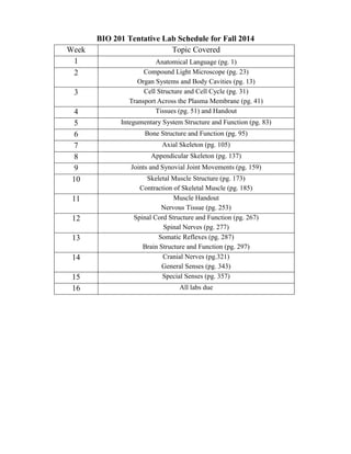 BIO 201 Tentative Lab Schedule for Fall 2014
Week Topic Covered
1 Anatomical Language (pg. 1)
2 Compound Light Microscope (pg. 23)
Organ Systems and Body Cavities (pg. 13)
3 Cell Structure and Cell Cycle (pg. 31)
Transport Across the Plasma Membrane (pg. 41)
4 Tissues (pg. 51) and Handout
5 Integumentary System Structure and Function (pg. 83)
6 Bone Structure and Function (pg. 95)
7 Axial Skeleton (pg. 105)
8 Appendicular Skeleton (pg. 137)
9 Joints and Synovial Joint Movements (pg. 159)
10 Skeletal Muscle Structure (pg. 173)
Contraction of Skeletal Muscle (pg. 185)
11 Muscle Handout
Nervous Tissue (pg. 253)
12 Spinal Cord Structure and Function (pg. 267)
Spinal Nerves (pg. 277)
13 Somatic Reflexes (pg. 287)
Brain Structure and Function (pg. 297)
14 Cranial Nerves (pg.321)
General Senses (pg. 343)
15 Special Senses (pg. 357)
16 All labs due
 