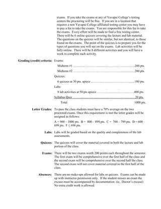 exams. If you take the exams at any of Yavapai College’s testing
centers the proctoring will be free. If you are in a location that
requires a non Yavapai College affiliated testing center you may have
to pay a fee to take the exams. You are responsible for this fee to take
the exams. Every effort will be made to find a free testing center.
There will be 6 online quizzes covering the lecture and lab material.
The questions on the quizzes will be similar, but not identical, to those
found on the exams. The point of the quizzes is to prepare you for the
types of questions you will see on the exams. Lab activities will be
fully online. There will be 8 different activities and you will have a
week to complete each activity.
Grading (credit) criteria: Exams:
Midterm #1 …………………………………………………..200 pts.
Midterm #2 ………………………………………..................200 pts.
Quizzes:
6 quizzes at 30 pts. apiece .………………………...…….......180 pts.
Labs:
8 lab activities at 50 pts apiece ……………………….……..400 pts.
Syllabus Quiz …………………...………………………………20 pts.
Total 1000 pts.
Letter Grades: To pass the class students must have a 70% average on the two
proctored exams. Once this requirement is met the letter grades will be
assigned as follows:
A = 900 – 1000 pts. B = 800 – 899 pts. C = 700 – 799 pts. D = 600 –
699 pts. F ≤ 698 pts.
Labs: Labs will be graded based on the quality and completeness of the lab
assessments.
Quizzes: The quizzes will cover the material covered in both the lecture and lab
portion of the class.
Exams: There will be two exams worth 200 points each throughout the semester.
The first exam will be comprehensive over the first half of the class and
the second exam will be comprehensive over the second half the class.
The second exam will not cover material covered in the first half of the
class.
Absences: There are no make-ups allowed for labs or quizzes. Exams can be made
up with instructor permission only. If the student misses an exam the
excuse must be accompanied by documentation. (ie, Doctor’s excuse)
No extra credit work is allowed.
 