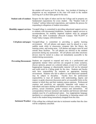 the student will receive an F for the class. Any incident of cheating or
plagiarism on any assignment in the class will result in the student
receiving an F as their letter grade for the class.
Student code of conduct: Respect for the rights of others and for the College and its property are
fundamental expectations for every student. The “Student Code of
Conduct” outlines behavioral expectations, and explains the process for
responding to allegations of student misconduct.
Disability support services: YavapaiCollege is committed to providing educational support services
to students with documented disabilities. Academic support services or
accommodations for mobility impaired students must be arranged
through the ADA Coordinator (Prescott Campus: 928.776.2079 or
Verde Valley Campus: (928.634.6563).
Cell phone and pager: YavapaiCollege is committed to providing a quality learning
environment. All cell phones and pagers must be placed in a non-
audible mode while in classrooms, computer labs, the library, the
learning center, and testing areas. Cell phones and pagers must be used
outside these facilities. No cell phones are allowed in the students
possession during any assessment. All cell phones and other electronic
devices must be stored in a place not immediately accessible to the
student during assessments.
Preventing Harassment:
Inclement Weather:
Students are expected to respond and write in a professional and
appropriate manner when activities are assigned to create scenarios,
discuss opinions, present on a selected subject, or post to a web board.
Inappropriate language or objectionable material will not be tolerated
and could result in a failing grade for the class. Students and faculty
each have responsibility for maintain an appropriate learning
environment. Students who fail to adhere to such behavioral standards
may be subject to discipline. Faculty have the professional
responsibility to treat all students with understanding, dignity and
respect, to guide classroom discussion and to set reasonable limits on the
manner in which they and their students express opinions. Professional
courtesy and sensitivity are especially important with respect to
individuals and topics dealing with differences of race, culture, religion,
politics, sexual orientation, gender variance and nationalities. All
correspondence between instructor and students and between individual
students must be of a professional nature. Any inappropriate language
(profanity) or correspondence of a threatening or harassing nature will
result in the student being immediately dropped from the class.
If the college has a delayed start due to inclement weather then the class
will be completely cancelled.
 