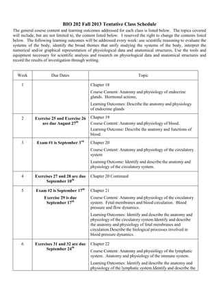 BIO 202 Fall 2013 Tentative Class Schedule
The general course content and learning outcomes addressed for each class is listed below. The topics covered
will include, but are not limited to, the content listed below. I reserved the right to change the contents listed
below. The following learning outcomes will be addressed every week: use scientific reasoning to evaluate the
systems of the body, identify the broad themes that unify studying the systems of the body, interpret the
numerical and/or graphical representation of physiological data and anatomical structures, Use the tools and
equipment necessary for scientific analysis and research on physiological data and anatomical structures and
record the results of investigation through writing.
Week Due Dates Topic
1 Chapter 18
Course Content: Anatomy and physiology of endocrine
glands. Hormonal actions,
Learning Outcomes: Describe the anatomy and physiology
of endocrine glands
2 Exercise 25 and Exercise 26
are due August 27th
Chapter 19
Course Content: Anatomy and physiology of blood.
Learning Outcome: Describe the anatomy and functions of
blood.
3 Exam #1 is September 3rd
Chapter 20
Course Content: Anatomy and physiology of the circulatory
system
Learning Outcome: Identify and describe the anatomy and
physiology of the circulatory system.
4 Exercises 27 and 28 are due
September 10th
Chapter 20 Continued
5 Exam #2 is September 17th
Exercise 29 is due
September 17th
Chapter 21
Course Content: Anatomy and physiology of the circulatory
system. Fetal membranes and blood circulation. Blood
pressure and flow dynamics.
Learning Outcomes: Identify and describe the anatomy and
physiology of the circulatory system.Identify and describe
the anatomy and physiology of fetal membranes and
circulation.Describe the biological processes involved in
blood pressure dynamics.
6 Exercises 31 and 32 are due
September 24th
Chapter 22
Course Content: Anatomy and physiology of the lymphatic
system. Anatomy and physiology of the immune system.
Learning Outcomes: Identify and describe the anatomy and
physiology of the lymphatic system.Identify and describe the
 