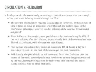 CIRCULATION & FILTRATION
➤ Inadequate circulation—usually, not enough circulation—means that not enough
of the pool water is being moved through the ﬁlter.
➤ The amount of circulation required is calculated in turnovers, or the amount of
time it takes to move an amount of water through the system equal to the
pool’s total gallonage. However, this does not mean all the water has been circulated
and ﬁltered!
➤ After 5-6 hours of operation, most pools have only circulated roughly 42% of
the total volume; after 10-12 hours, approximately 84% of the volume has been
ﬁltered. At 24 hours, 98% of water has been ﬁltered.
➤ Pool owners should run their pump, at minimum, 10-12 hours a day (24
hours is preferable) in the heat of the day to get the best circulation.
➤ Additionally, the pool should be left uncovered for at least 24 hours over the
course of the week; covered pools have nowhere to release the gases produced
by the pool, leaving those gases to be reabsorbed into the pool and cause
clarity issues as well as other problems.
 