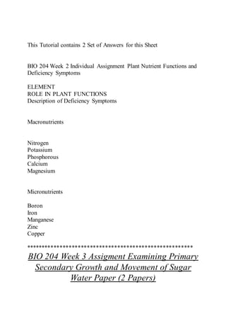 This Tutorial contains 2 Set of Answers for this Sheet
BIO 204 Week 2 Individual Assignment Plant Nutrient Functions and
Deficiency Symptoms
ELEMENT
ROLE IN PLANT FUNCTIONS
Description of Deficiency Symptoms
Macronutrients
Nitrogen
Potassium
Phosphorous
Calcium
Magnesium
Micronutrients
Boron
Iron
Manganese
Zinc
Copper
*******************************************************
BIO 204 Week 3 Assigment Examining Primary
Secondary Growth and Movement of Sugar
Water Paper (2 Papers)
 