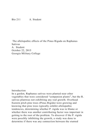 Bio 211 A. Student
The allelopathic effects of the Pinus Rigada on Raphanus
Sativus
A. Student
October 22, 2015
Georgia Military College
Introduction
In a garden, Raphanus sativus were planted near other
vegetables that were considered “companion plants”, but the R.
sativus plantwas not exhibiting any real growth. Overhead
Eastern pitch pine trees (Pinus Rigida) were growing and
knowing that pine trees typically exhibit allelopathic
tendencies, determining whether P. rigida was to blame or
whether there was another contributing factor was important in
getting to the root of the problem. To discover if the P. rigida
were possibly inhibiting the growth, a study was done to
determine if there was any connection between the stunted
 