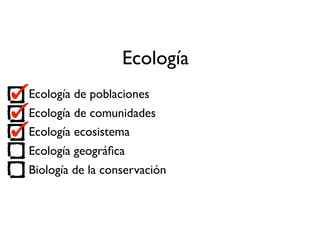 Ecología de poblaciones
Ecología de comunidades
Ecología ecosistema
Ecología geográﬁca
Biología de la conservación
Ecología
 