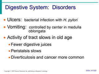 Digestive System: Disorders
Slide 14.92b
Copyright © 2003 Pearson Education, Inc. publishing as Benjamin Cummings
 Ulcers: bacterial infection with H. pylori
 Vomiting: controlled by center in medulla
oblongata
 Activity of tract slows in old age
Fewer digestive juices
Peristalsis slows
Diverticulosis and cancer more common
 