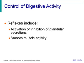 Control of Digestive Activity
Slide 14.47b
Copyright © 2003 Pearson Education, Inc. publishing as Benjamin Cummings
 Reflexes include:
Activation or inhibition of glandular
secretions
Smooth muscle activity
 