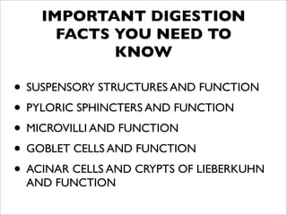 IMPORTANT DIGESTION
      FACTS YOU NEED TO
            KNOW

• SUSPENSORY STRUCTURES AND FUNCTION
• PYLORIC SPHINCTERS AND FUNCTION
• MICROVILLI AND FUNCTION
• GOBLET CELLS AND FUNCTION
• ACINAR CELLS AND CRYPTS OF LIEBERKUHN
 AND FUNCTION
 