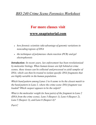 BIO 240 Crime Scene Forensics Worksheet
For more classes visit
www.snaptutorial.com
 how forensic scientists take advantage of genomic variations in
noncoding regions of DNA
 the techniques of polymerase chain reaction (PCR) and gel
electrophoresis
Introduction: In recent years, law enforcement has been revolutionized
by molecular biology. When human tissues are left behind at crime
scenes, these tissues can be collected and processed to yield samples of
DNA, which can then be treated to isolate specific DNA fragments that
are highly variable in the human population.
Which band pattern among Lanes 3 to 6 seems to be the closest match to
the band pattern in Lane 2, where the crime-scene DNA fragment was
loaded? Which suspect appears to be the culprit?
What is the molecular weight (in base pairs) of the fragment in Lane 2
(DNA from the crime scene), Lane 3 (Suspect 1), Lane 4 (Suspect 2),
Lane 5 (Suspect 3), and Lane 6 (Suspect 4)?
Part C
 