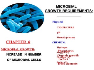 MICROBIAL
GROWTH REQUIREMENTS:
INCREASE IN NUMBER
OF MICROBIAL CELLS
Phosphorus
Organic growth
factors
Trace elements
Physical
TEMPRATURE
pH
Osmotic pressure
CHEMICAL
Hydrogen
Oxygen (O)
Nitrogen (N)
Sulfur (S)
CHAPTER 6
MICROBIAL GROWTH-
 