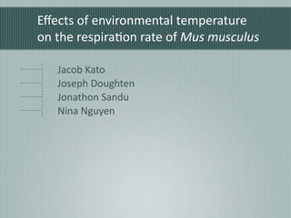 Eﬀects of environmental temperature 
on the respira4on rate of Mus musculus

   Jacob Kato
   Joseph Doughten
   Jonathon Sandu
   Nina Nguyen
 