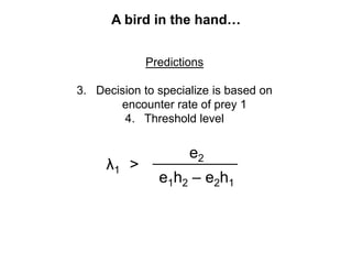 Predictions
3. Decision to specialize is based on
encounter rate of prey 1
4. Threshold level
λ1 >
e2
e1h2 – e2h1
A bird in the hand…
 