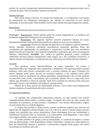 32
animal. As excretas nitrogenadas (particularmente amônia) saem do organismo junto com a
corrente de água. Não há, portanto, sistema circulatório.

Sistema Nervoso:
      Não existe sistema nervoso. As reações são localizadas e a coordenação é em função
da transmissão de substâncias mensageiras por difusão no meso-hilo ou por células
amebóides se locomovendo. Pode também ocorrer entre células fixas que estejam em contato.

Reprodução:
      A reprodução pode ser assexuada ou sexuada.

Assexuada: Regeneração: Ocorre quando parte do animal fragmenta-se e os pedaços são
facilmente regenerados formando novos indivíduos.
              Brotamento: Em algumas espécies ocorrem expansões laterais do corpo,
denominadas brotos. Estes podem desprender-se e depois se fixar em um substrato.
              Gemulação: Ocorre em esponjas de água doce e em algumas espécies marinhas.
Nestas esponjas formam-se estruturas reprodutoras chamadas gêmulas. Estas são
constituídas por aglomerados de amebócitos e arqueócitos envoltos por uma membrana
rígida formada por espículas e por material semelhante a espongina, que deixa uma pequena
abertura, denominada micrópila. Isto confere às gêmulas proteção contra condições
ambientais adversas (baixas temperaturas, falta d’água, etc.). Em condições favoráveis, as
células internas são liberadas e se diferenciam nos outros tipos de células sob um substrato.

Sexuada :
       Nos poríferos ocorre hermafroditismo ou sexos separados. Os óvulos e
espermatozóides são originados dos arqueócitos e amebócitos. Os espermatozóides quando
maduros, saem pelo ósculo, juntamente com a corrente exalante de água. Penetram em
outras esponjas pelos poros através de correntes inalantes e são captados pelos pelos
coanócitos. Esses se modificam em células amebóides, transportando-o até o óvulo presente
no meso-hilo onde ocorre a fecundação, que é portanto, interna. Do ovo surge uma larva
ciliada, que abandona o corpo da esponja. Após breve período de vida-livre (não mais que
dois dias) fixa-se a um substrato e dá origem à esponja adulta.
       Depois de se fixar através da extremidade anterior, a larva sofre uma reorganização
interna comparável à gastrulação de outros animais.

1.5 Aspectos Evolutivos

       As esponjas são consideradas metazoários parazoa, ou seja, animais sem tecidos
verdadeiramente diferenciados e nenhum órgão. O restante dos seres do reino animal são
chamados de eumetazoa, ou seja, animais “verdadeiros” com tecidos diferenciados, órgãos,
ou pelo menos boca e cavidade digestiva.
       A origem dos porífera é ainda incerta, porém evidências sugerem que derivam de
algum tipo de flagelado colonial simples, oco e de vida livre, talvez o mesmo grupo que deu
origem aos ancestrais dos outros metazoários. Outra abordagem leva em consideração a
semelhança estrutural entre os coanócitos e os protozoários coanoflagelados, o que indica
uma origem distinta, sem relação com os outros metazoários.
       O caráter primitivo do grupo, como já mencionado, é a ausência de órgãos e o baixo
nível de diferenciação e inter-dependência celular. Entretanto, o sistema de canais hídricos e
falta de extremidade anterior e posterior é característica singular deste grupo, não sendo
encontrado em nenhum outro filo.
 