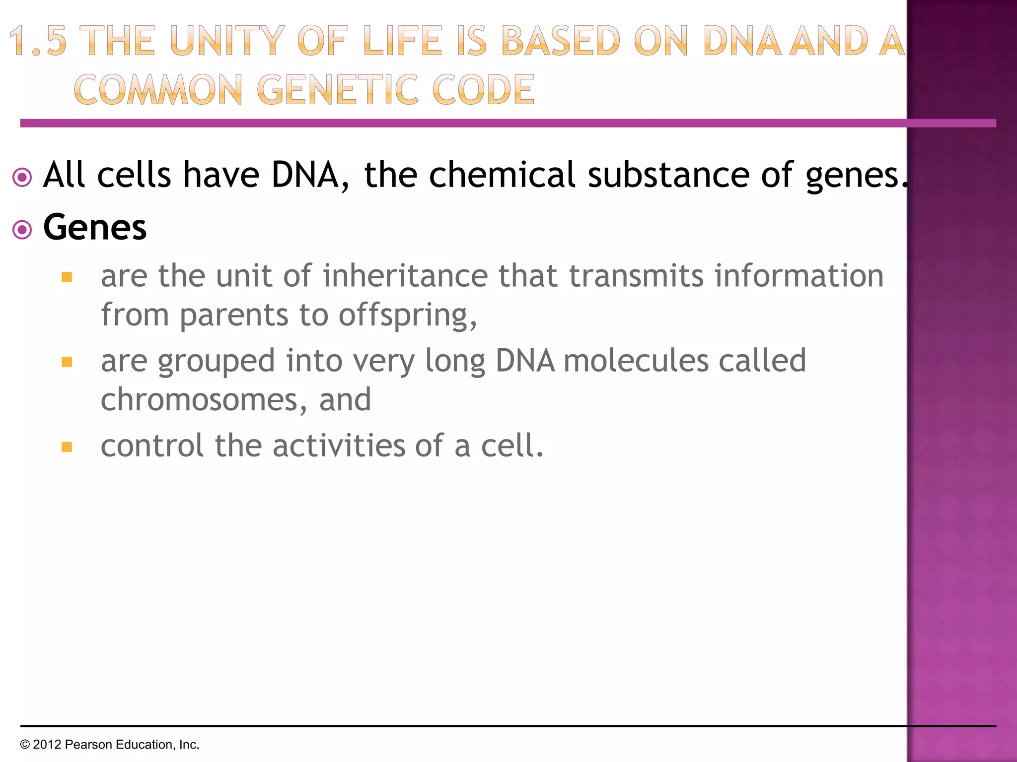  All cells have DNA, the chemical substance of genes.
 Genes
 are the unit of inheritance that transmits information
from parents to offspring,
 are grouped into very long DNA molecules called
chromosomes, and
 control the activities of a cell.
© 2012 Pearson Education, Inc.
 
