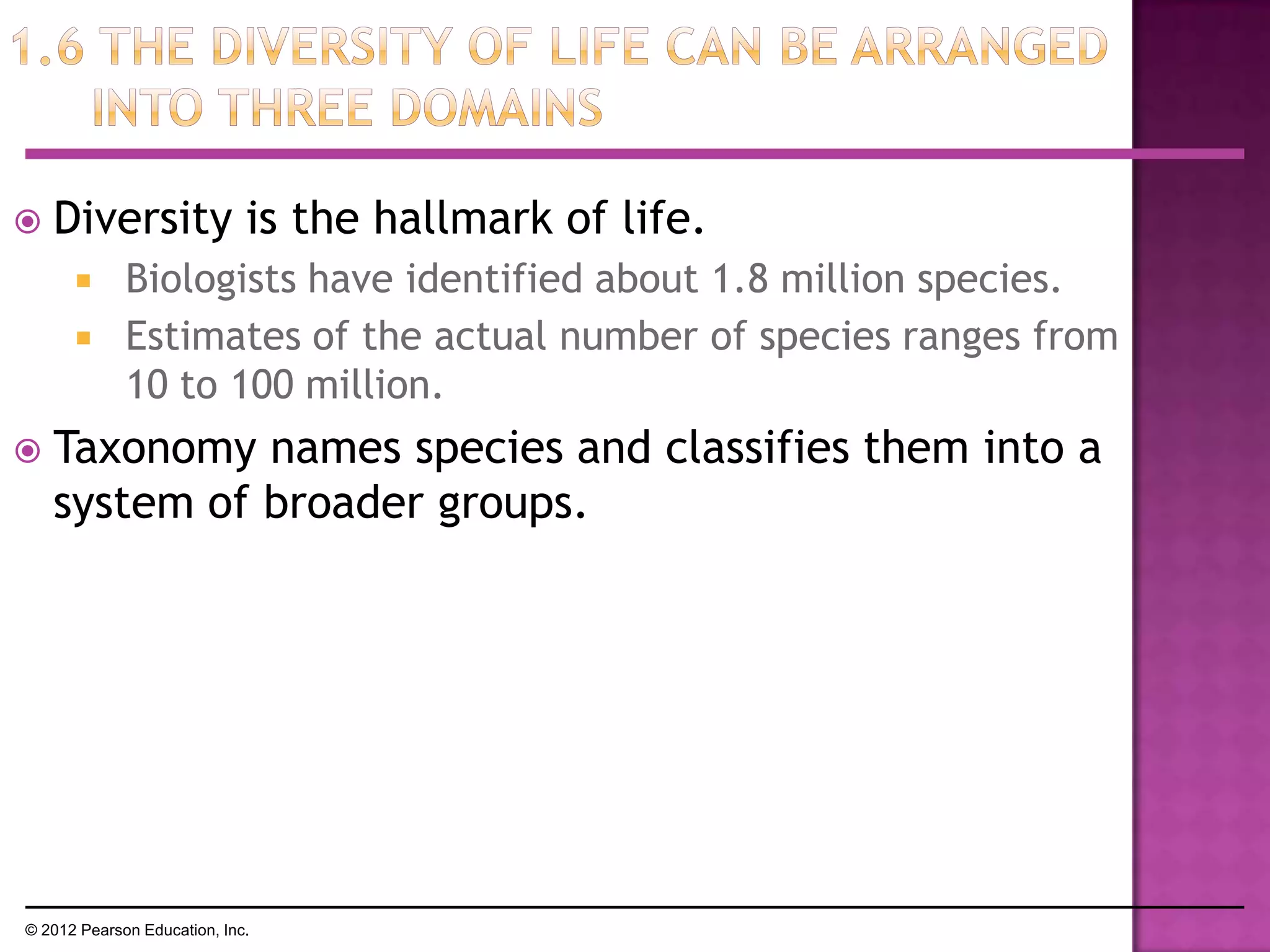  Diversity is the hallmark of life.
 Biologists have identified about 1.8 million species.
 Estimates of the actual number of species ranges from
10 to 100 million.
 Taxonomy names species and classifies them into a
system of broader groups.
© 2012 Pearson Education, Inc.
 