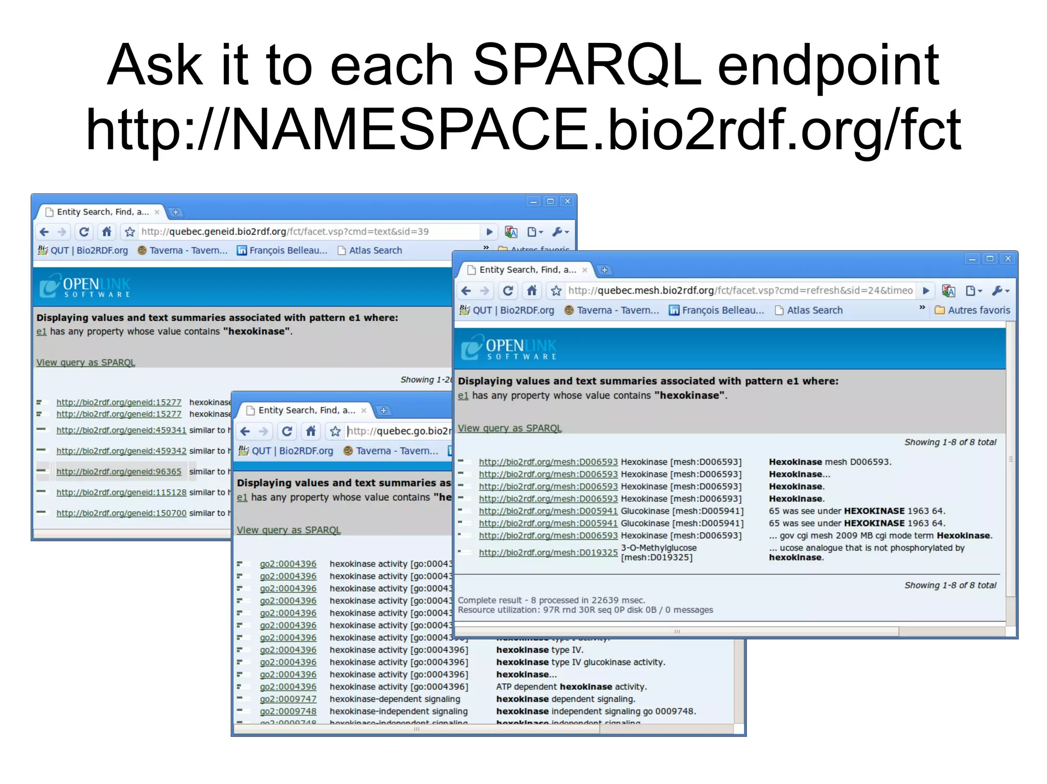 Main REST services Describe a ressource by a dereferencable URI http://bio2rdf.org/ ns : id   Global services over federated endpoints http://bio2rdf.org/links/ ns : id   
