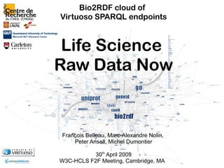 Bio2RDF cloud of
Virtuoso SPARQL endpoints


 Life Science
Raw Data Now


François Belleau, Marc-Alexandre Nolin,
    Peter Ansell, Michel Dumontier

          30th April 2009
W3C-HCLS F2F Meeting, Cambridge, MA
 