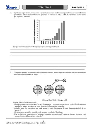 TQD 12/2012                                       BIOLOGIA 2

    1.   O gráfico a seguir mostra como variou o percentual de cepas produtoras de penicilinase da bactéria Neisseria
         gonorrhoeae obtidas de indivíduos com gonorréia no período de 1980 a 1990. A penicilinase é uma enzima
         que degrada a penicilina.




        Por que aumentou o número de cepas que produzem a penicilinase?
    _________________________________________________________________________________________________
    _________________________________________________________________________________________________
    _________________________________________________________________________________________________
    _________________________________________________________________________________________________
    _________________________________________________________________________________________________
    _________________________________________________________________________________________________
    _________________________________________________________________________________________________
    _______________________________________________________________________________________________

    2.   O esquema a seguir representa quatro populações de uma mesma espécie que vivem em uma mesma área
         num determinado período de tempo.




         Analise, tire conclusões e responda:
         a) Por que motivo as populações a,b,c e d do esquema 1 permanecem da mesma espécie?Em 1 as quatro
           populações podem reproduzir-se entre si mantendo fluxo gênico entre elas.
         b) Qual o nome do mecanismo que pode ocorrer a partir da migração de parte dapopulação de b do es-
           quema 2?
         c) O isolamento geográfico ocorrido em 2 favorece a evolução? Justifique.
         d) Se as diferenças presentes em b* atingirem o aspecto reprodutivo e b* passar a viver em simpatria com
           a,b,c e d, ocorrerá fluxo gênico entre eles?


                                          1
:2012REPROGRAFIABiologiaJamesTQD 12.docx
G
 