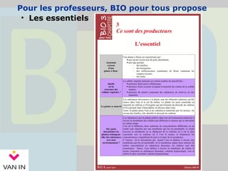 Pour les professeurs, BIO pour tous propose
• Les essentiels
 