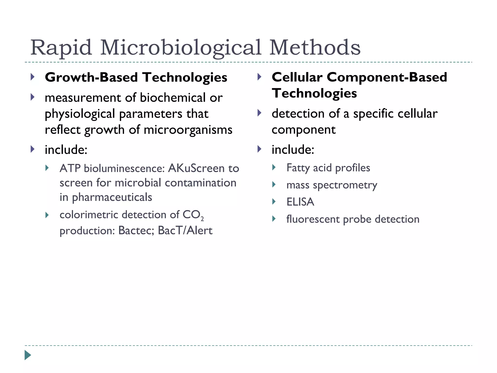 Rapid Microbiological Methods Growth-Based Technologies measurement of biochemical or physiological parameters that reflect growth of microorganisms include: ATP bioluminescence:  AKuScreen to screen for microbial contamination in pharmaceuticals colorimetric detection of CO 2  production:  Bactec; BacT/Alert Cellular Component-Based Technologies detection of a specific cellular component  include:  Fatty acid profiles mass spectrometry  ELISA fluorescent probe detection 