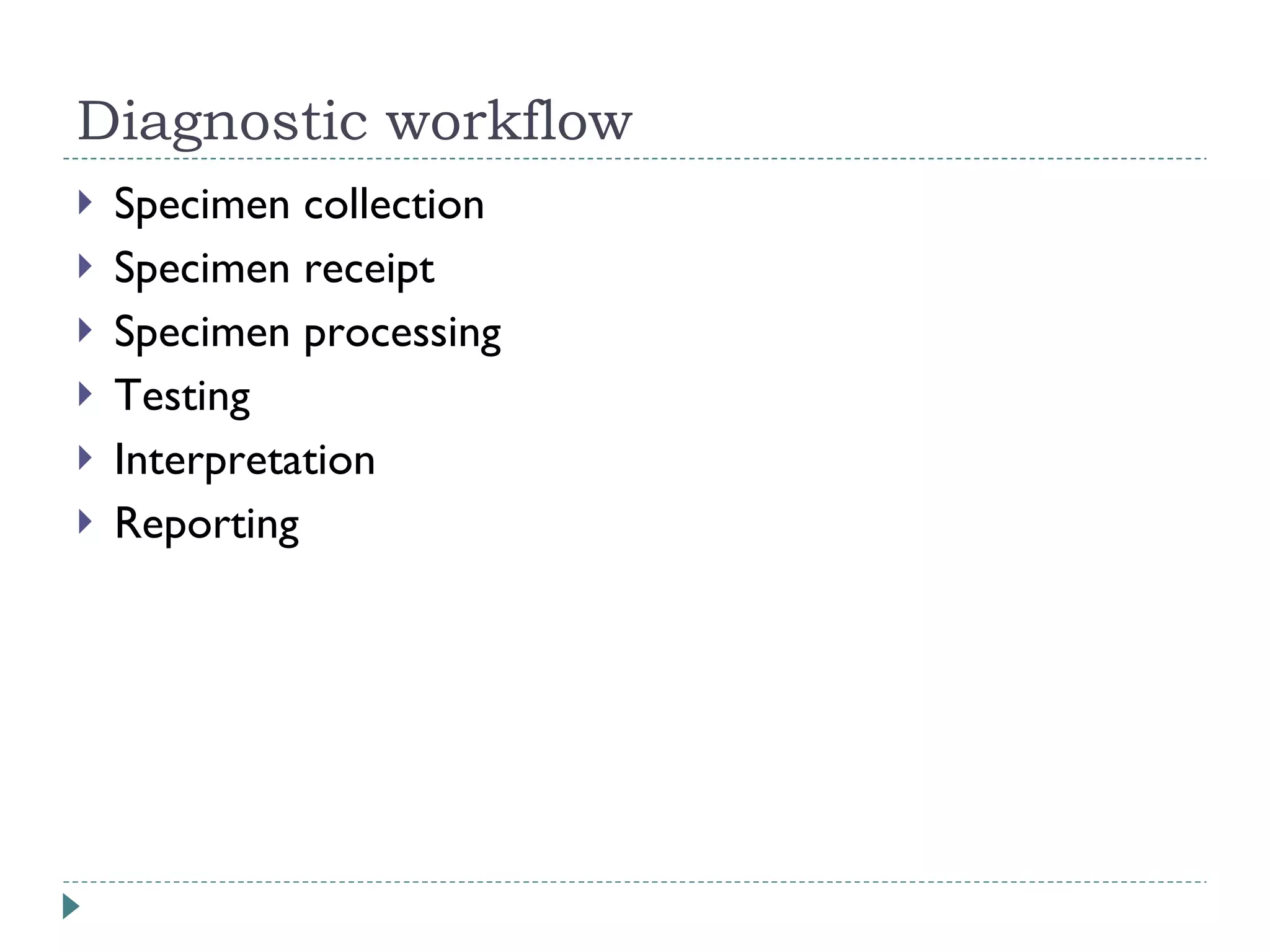 Diagnostic workflow Specimen collection Specimen receipt Specimen processing Testing Interpretation Reporting 