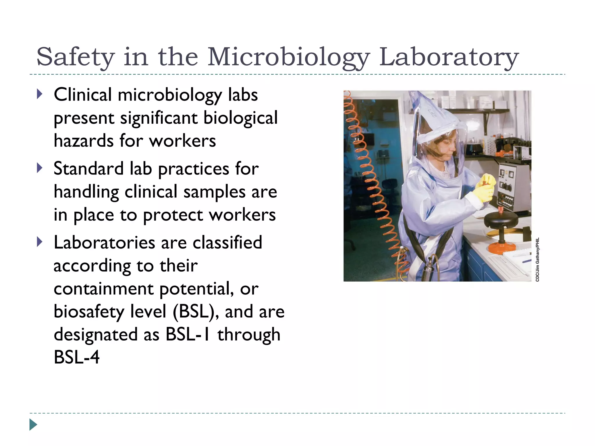 Safety in the Microbiology Laboratory Clinical microbiology labs present significant biological hazards for workers Standard lab practices for handling clinical samples are in place to protect workers Laboratories are classified according to their containment potential, or biosafety level (BSL), and are designated as BSL-1 through BSL-4 