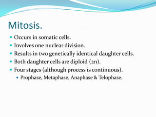 Mitosis.
 Occurs in somatic cells.
 Involves one nuclear division.
 Results in two genetically identical daughter cells.
 Both daughter cells are diploid (2n).
 Four stages (although process is continuous).
 Prophase, Metaphase, Anaphase & Telophase.
 