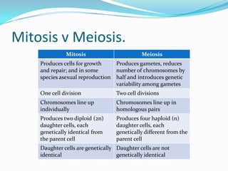 Mitosis v Meiosis.
Mitosis Meiosis
Produces cells for growth
and repair; and in some
species asexual reproduction
Produces gametes, reduces
number of chromosomes by
half and introduces genetic
variability among gametes
One cell division Two cell divisions
Chromosomes line up
individually
Chromosomes line up in
homologous pairs
Produces two diploid (2n)
daughter cells, each
genetically identical from
the parent cell
Produces four haploid (n)
daughter cells, each
genetically different from the
parent cell
Daughter cells are genetically
identical
Daughter cells are not
genetically identical
 