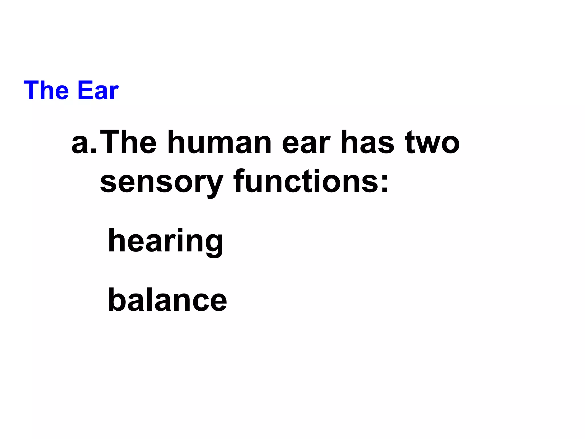 The Ear The human ear has two sensory functions: hearing balance 