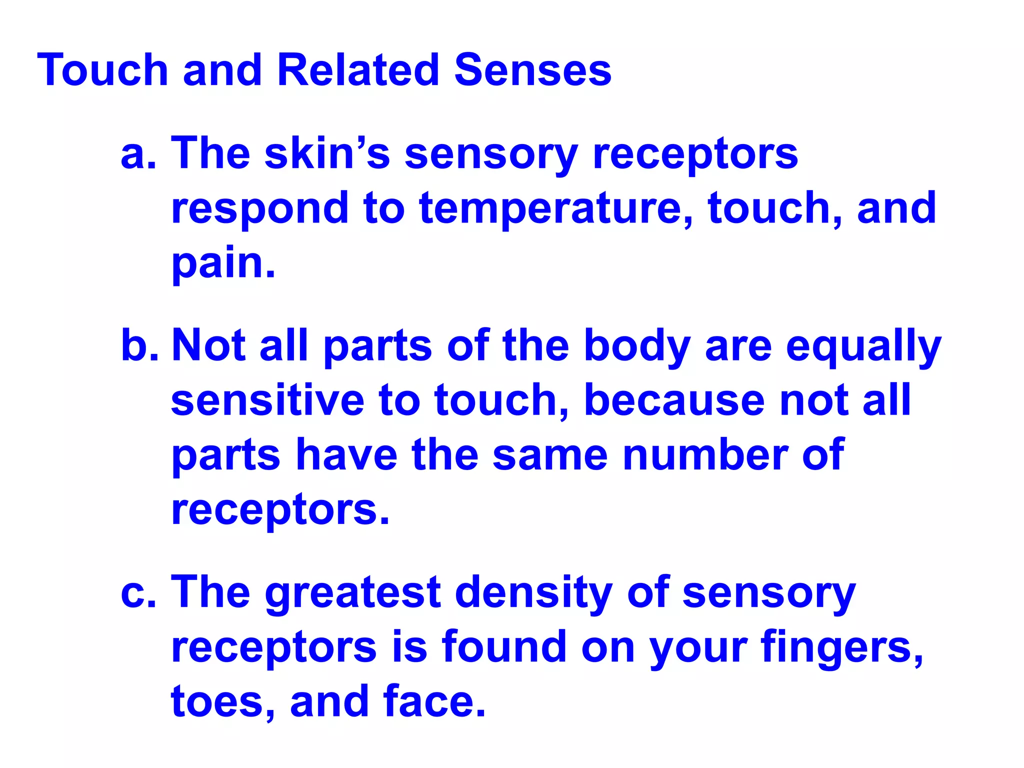 Touch and Related Senses The skin’s sensory receptors respond to temperature, touch, and pain.  Not all parts of the body are equally sensitive to touch, because not all parts have the same number of receptors.  The greatest density of sensory receptors is found on your fingers, toes, and face. 