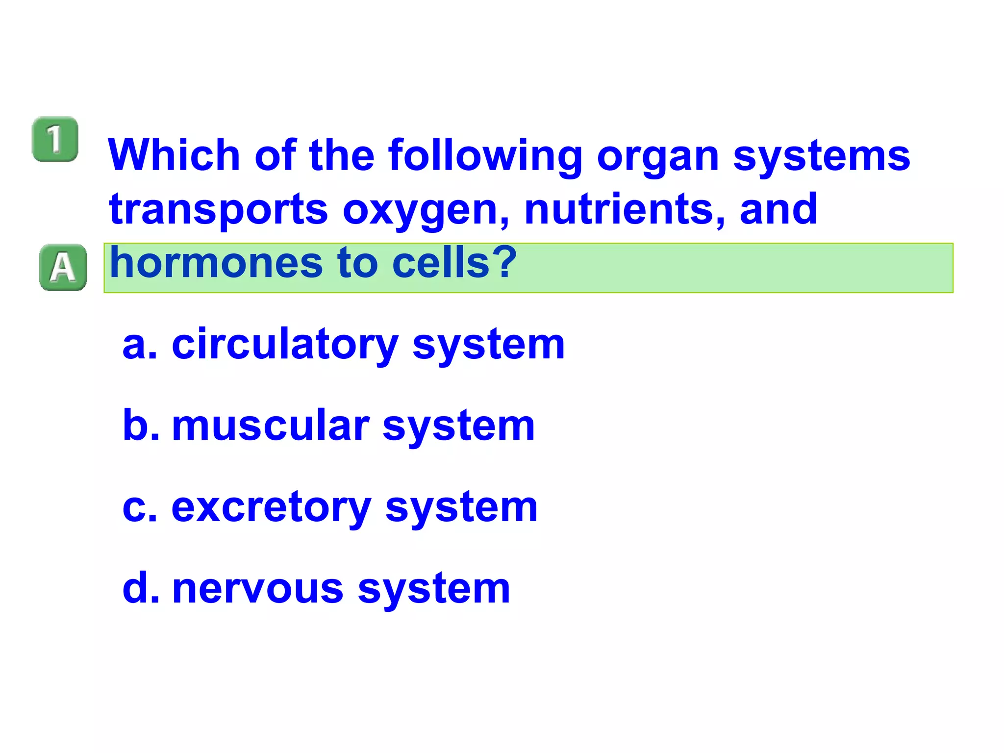 Which of the following organ systems transports oxygen, nutrients, and hormones to cells?  circulatory system muscular system excretory system nervous system 