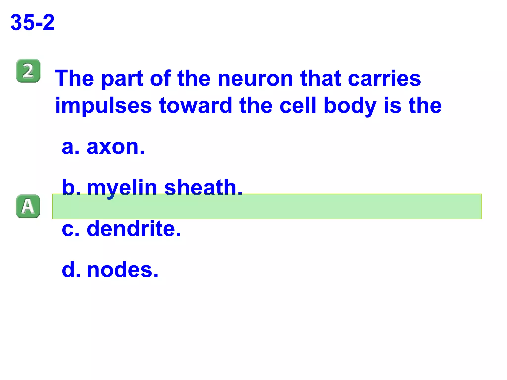 35-2 The part of the neuron that carries impulses toward the cell body is the  axon. myelin sheath. dendrite. nodes. 