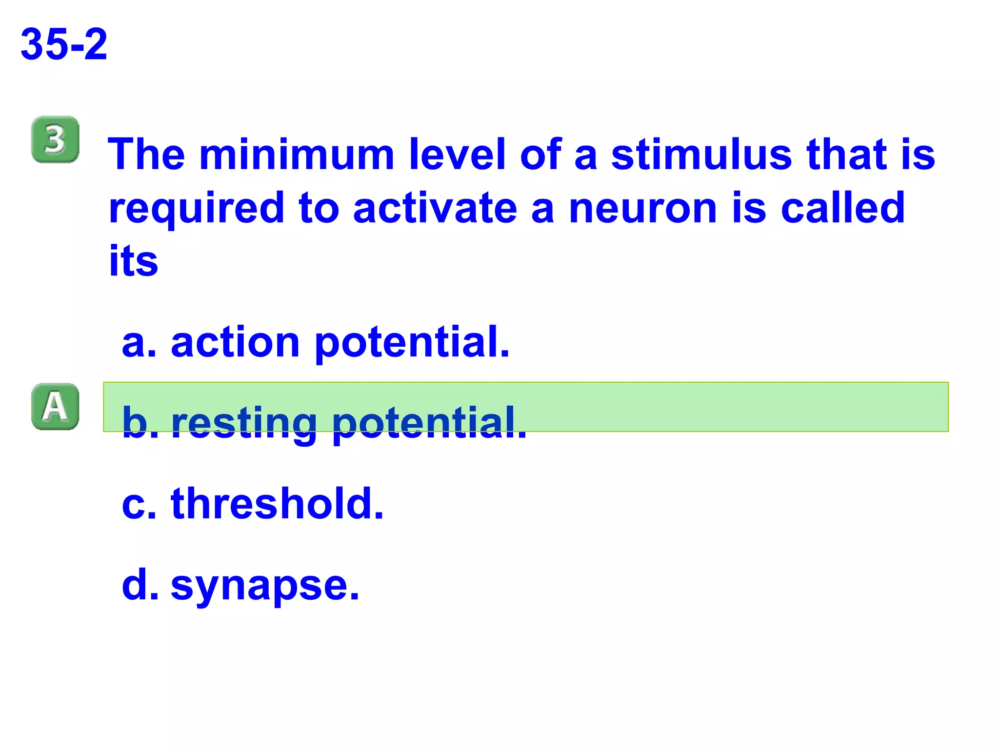35-2 The minimum level of a stimulus that is required to activate a neuron is called its  action potential. resting potential. threshold. synapse. 