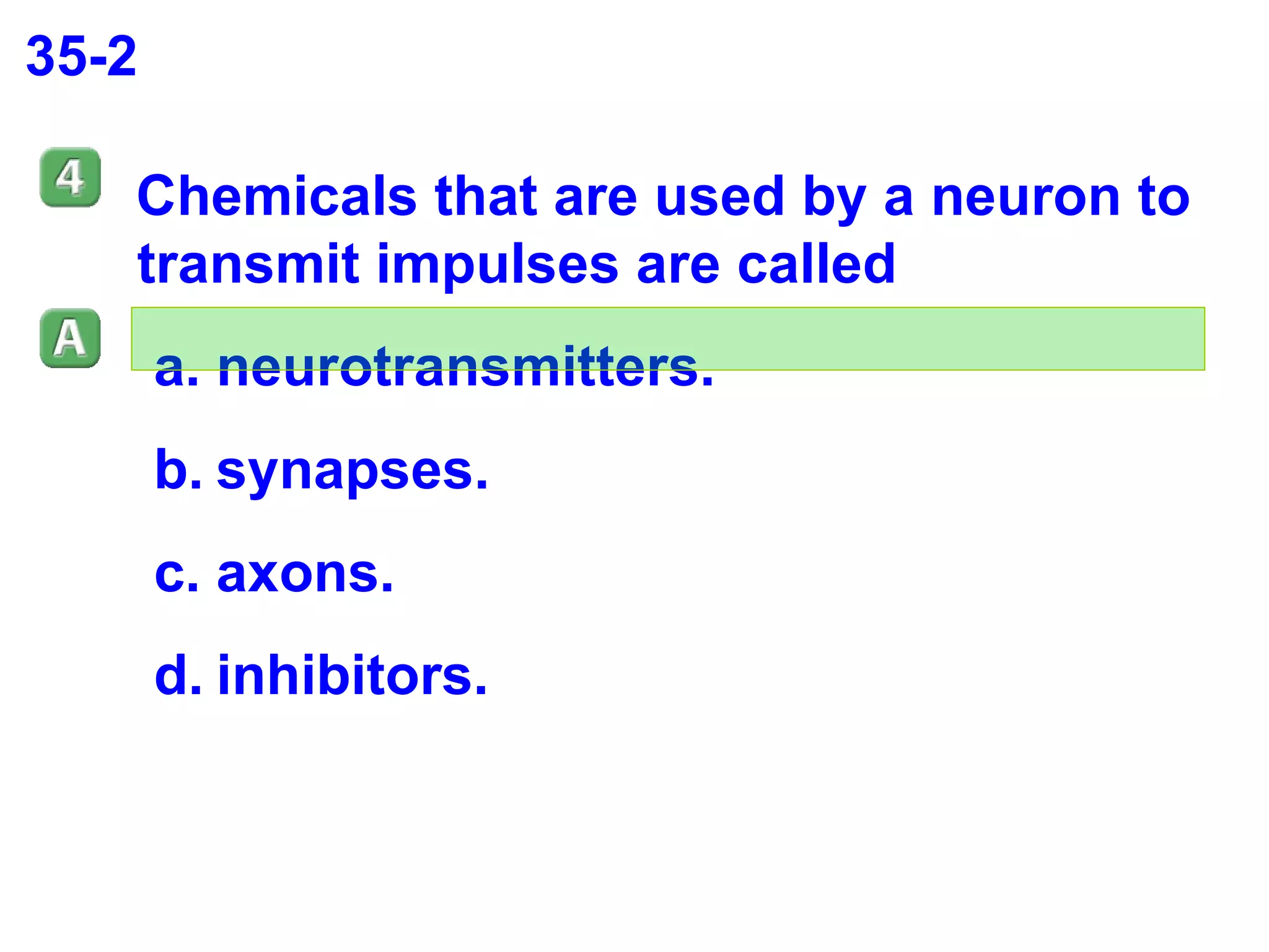 35-2 Chemicals that are used by a neuron to transmit impulses are called  neurotransmitters. synapses. axons. inhibitors. 