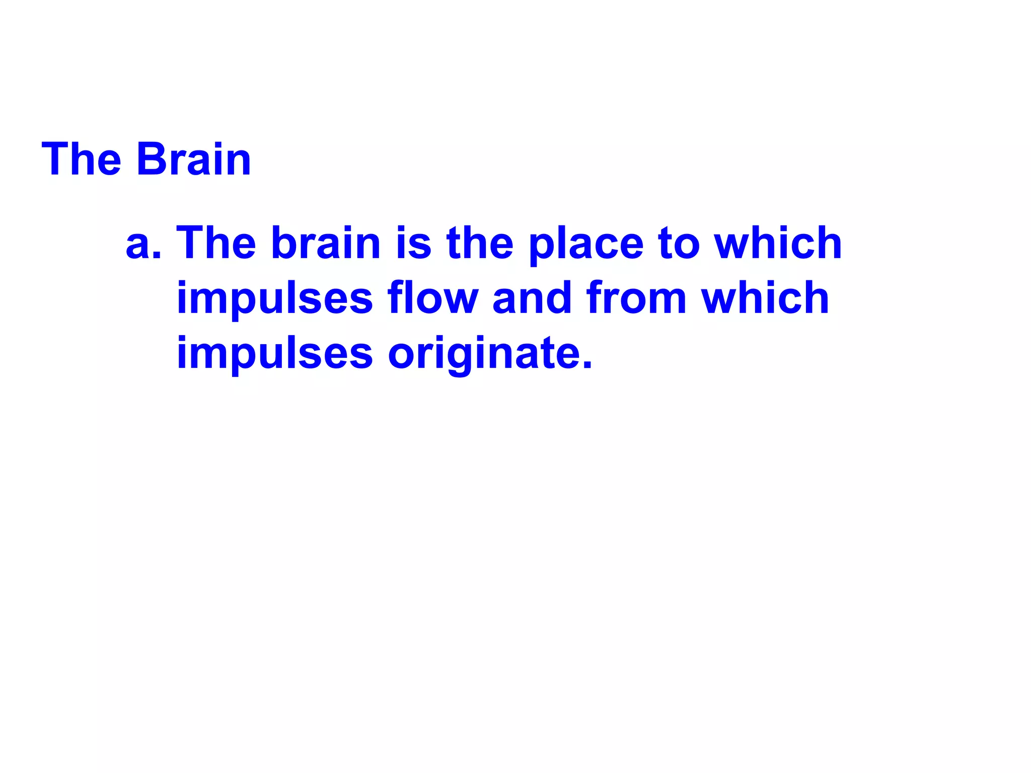 The Brain The brain is the place to which impulses flow and from which impulses originate. 