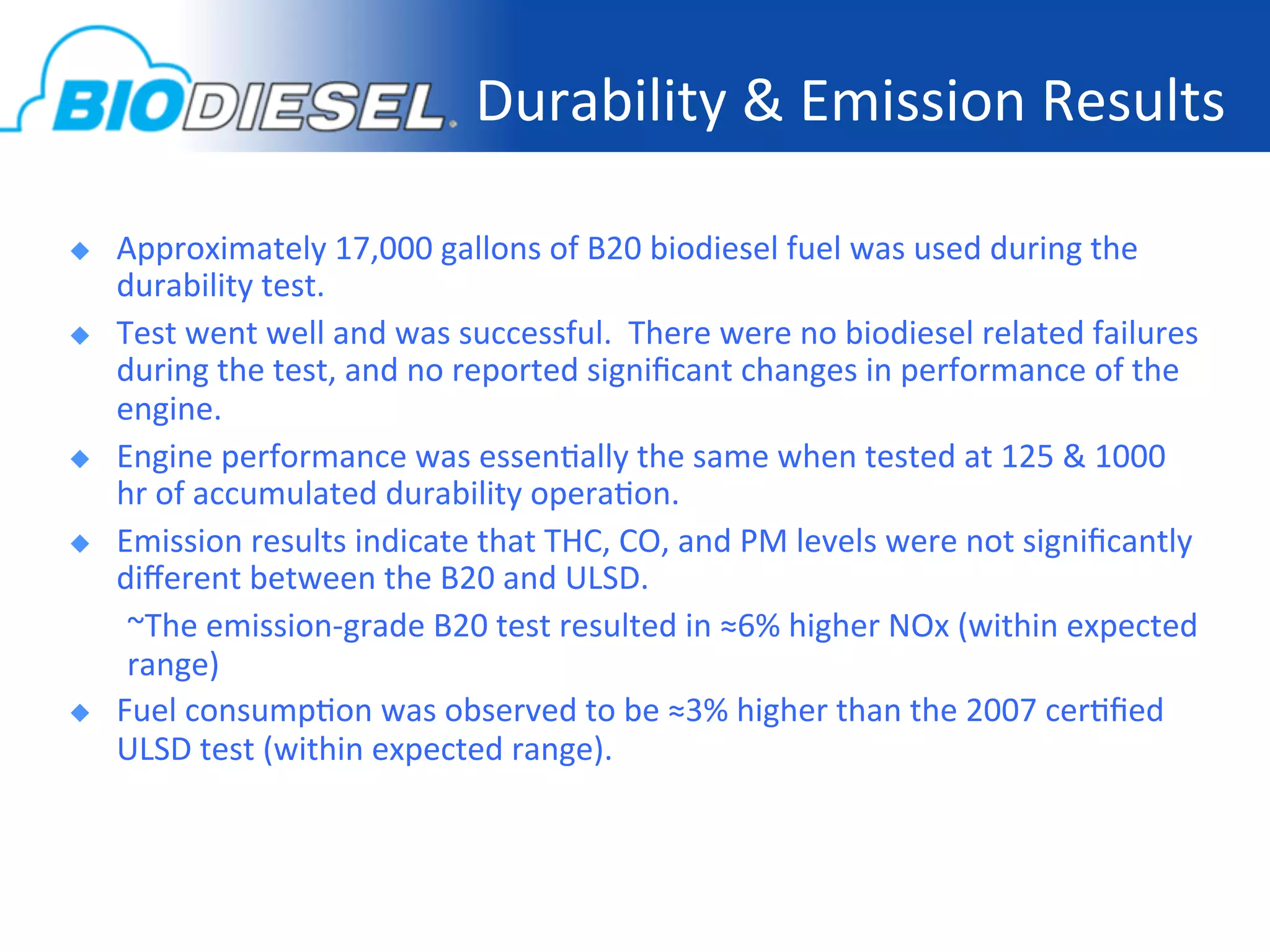 Durability	
  &	
  Emission	
  Results
                                                                                	
  

    Approximately	
  17,000	
  gallons	
  of	
  B20	
  biodiesel	
  fuel	
  was	
  used	
  during	
  the	
  
     durability	
  test.   	
  
    Test	
  went	
  well	
  and	
  was	
  successful.	
  	
  There	
  were	
  no	
  biodiesel	
  related	
  failures	
  
     during	
  the	
  test,	
  and	
  no	
  reported	
  signiﬁcant	
  changes	
  in	
  performance	
  of	
  the	
  
     engine.    	
  
    Engine	
  performance	
  was	
  essen-ally	
  the	
  same	
  when	
  tested	
  at	
  125	
  &	
  1000	
  
     hr	
  of	
  accumulated	
  durability	
  opera-on.               	
  
    Emission	
  results	
  indicate	
  that	
  THC,	
  CO,	
  and	
  PM	
  levels	
  were	
  not	
  signiﬁcantly	
  
     diﬀerent	
  between	
  the	
  B20	
  and	
  ULSD.	
  	
   	
  
      ~The	
  emission-­‐grade	
  B20	
  test	
  resulted	
  in	
  ≈6%	
  higher	
  NOx	
  (within	
  expected	
  
      range)	
  
    Fuel	
  consump-on	
  was	
  observed	
  to	
  be	
  ≈3%	
  higher	
  than	
  the	
  2007	
  cer-ﬁed	
  
     ULSD	
  test	
  (within	
  expected	
  range).	
  
 