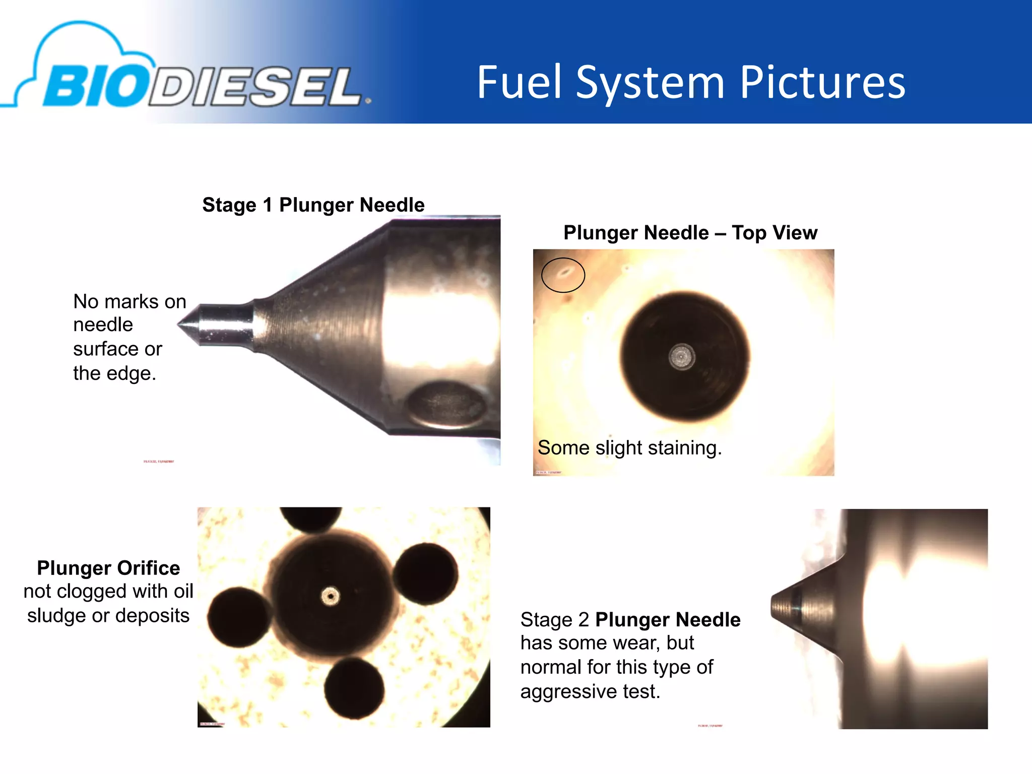 Fuel	
  System	
  Pictures
                                                                         	
  

                       Stage 1 Plunger Needle
                                                       Plunger Needle – Top View


     No marks on
     needle
     surface or
     the edge.


                                                    Some slight staining.




 Plunger Orifice
not clogged with oil
sludge or deposits                                 Stage 2 Plunger Needle
                                                   has some wear, but
                                                   normal for this type of
                                                   aggressive test.
 