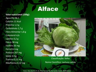 Valor nutricional (100g):Água (%) 96,1 Calorias 11 Kcal Proteína 1,3 g Carboidrato 1,7 g Fibra Alimentar 1,8 g Colesterol n/a Lipídios 0,2 gCálcio 38 mgFósforo 26 mgFerro 0,4 mgPotássio 267 mgSódio 3 mgTiamina 0,11 mgRiboflavina 0,12 mgAlfaceClassificação: folhaNome Cientifico: Lactuca sativaFotos: Alex (Autor); R. Dr. Pinto Ferraz, São Bernardo (Local), 29/08 (data) 