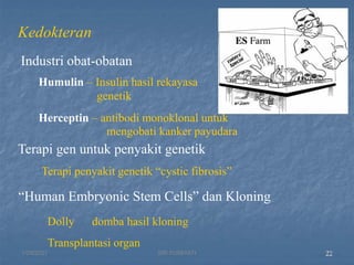 Industri obat-obatan
Humulin – Insulin hasil rekayasa
genetik
Herceptin – antibodi monoklonal untuk
mengobati kanker payudara
Terapi gen untuk penyakit genetik
Kedokteran
Terapi penyakit genetik “cystic fibrosis”
“Human Embryonic Stem Cells” dan Kloning
Dolly domba hasil kloning
Transplantasi organ
22
1/29/2021 21
SRI SUMIYATI
 