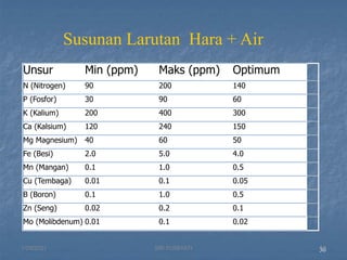 Unsur Min (ppm) Maks (ppm) Optimum
N (Nitrogen) 90 200 140
P (Fosfor) 30 90 60
K (Kalium) 200 400 300
Ca (Kalsium) 120 240 150
Mg Magnesium) 40 60 50
Fe (Besi) 2.0 5.0 4.0
Mn (Mangan) 0.1 1.0 0.5
Cu (Tembaga) 0.01 0.1 0.05
B (Boron) 0.1 1.0 0.5
Zn (Seng) 0.02 0.2 0.1
Mo (Molibdenum) 0.01 0.1 0.02
30
Susunan Larutan Hara + Air
1/29/2021 30
SRI SUMIYATI
 