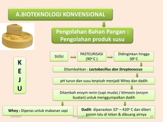 A.BIOTEKNOLOGI KONVENSIONAL
Pengolahan Bahan Pangan :
Pengolahan produk susu
K
E
J
U
SUSU
PASTEURISASI
(90o C )
Didinginkan hingga
30o C
Ditambahkan : Lactobacillus dan Streptococcus
pH turun dan susu terpisah menjadi Whey dan dadih
Dadih dipanaskan 32o – 420o C dan diberi
garam lalu di tekan & dibuang airnya
Whey : Diperas untuk makanan sapi
Ditambah enzym renin (sapi muda) / klimosin (enzym
buatan) untuk menggumpalkan dadih
1/29/2021 34
SRI SUMIYATI
 