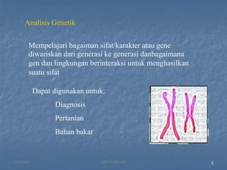 8
Analisis Genetik
Mempelajari bagaiman sifat/karakter atau gene
diwariskan dari generasi ke generasi danbagaimana
gen dan lingkungan berinteraksi untuk menghasilkan
suatu sifat
Dapat digunakan untuk:
Diagnosis
Pertanian
Bahan bakar
1/29/2021 7
SRI SUMIYATI
 