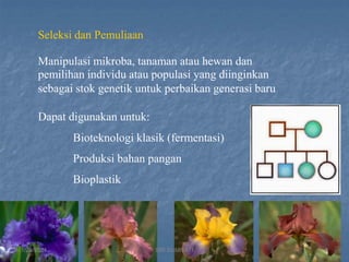 9
Seleksi dan Pemuliaan
Manipulasi mikroba, tanaman atau hewan dan
pemilihan individu atau populasi yang diinginkan
sebagai stok genetik untuk perbaikan generasi baru
Dapat digunakan untuk:
Bioteknologi klasik (fermentasi)
Produksi bahan pangan
Bioplastik
1/29/2021 8
SRI SUMIYATI
 