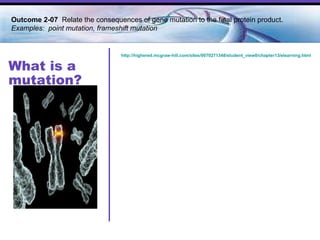 What is a mutation? http://highered.mcgraw-hill.com/sites/0070271348/student_view0/chapter13/elearning.html Outcome 2-07  Relate the consequences of gene mutation to the final protein product. Examples:  point mutation, frameshift mutation 