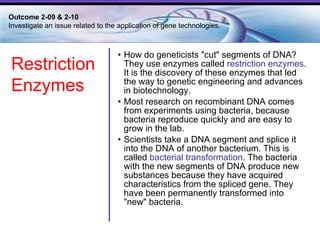 How do geneticists "cut" segments of DNA? They use enzymes called  restriction enzymes . It is the discovery of these enzymes that led the way to genetic engineering and advances in biotechnology. Most research on recombinant DNA comes from experiments using bacteria, because bacteria reproduce quickly and are easy to grow in the lab. Scientists take a DNA segment and splice it into the DNA of another bacterium. This is called  bacterial transformation . The bacteria with the new segments of DNA produce new substances because they have acquired characteristics from the spliced gene. They have been permanently transformed into "new" bacteria.  Outcome 2-09 & 2-10  Investigate an issue related to the application of gene technologies. Restriction Enzymes 