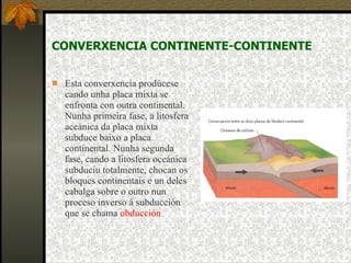 CONVERXENCIA CONTINENTE-CONTINENTE Esta converxencia prodúcese cando unha placa mixta se enfronta con outra continental. Nunha primeira fase, a litosfera aceánica da placa mixta subduce baixo a placa continental. Nunha segunda fase, cando a litosfera oceánica subduciu totalmente, chocan os bloques continentais e un deles cabalga sobre o outro nun proceso inverso á subducción que se chama  obducción 